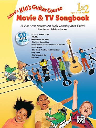 Product Cover Alfred's Kid's Guitar Course Movie and TV Songbook 1 & 2: 13 Fun Arrangements That Make Learning Even Easier!, Book & CD