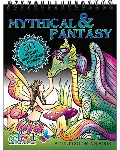 Product Cover Mythical & Fantasy Adult Coloring Book - Features 50 Original Hand Drawn Designs Printed on Artist Quality Paper, Hardback Covers, Spiral Binding, Perforated Pages, Bonus Blotter