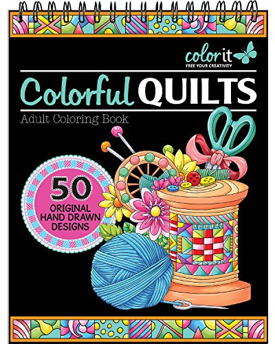 Product Cover Colorful Quilts Adult Coloring Book - Features 50 Original Hand Drawn Designs Printed on Artist Quality Paper, Hardback Covers, Spiral Binding, Perforated Pages, Bonus Blotter