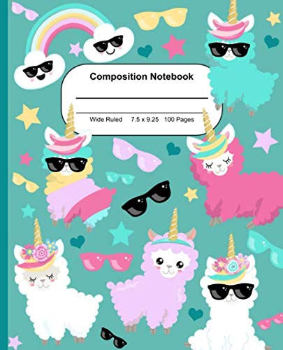 Product Cover Composition Notebook: Wide Ruled 7.5 x 9.25 in  | 100 Pages Book for Girls, Kids, School, Students and Teachers  | Llama Unicorn Series