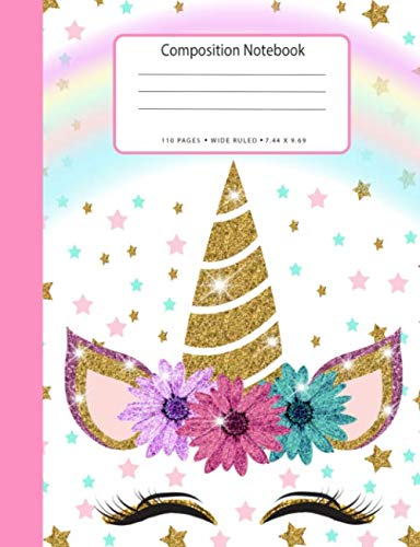 Product Cover Composition Notebook: Cute Unicorn Wide Ruled Primary for Girls Kids Elementary Student Teacher School Supplies Journal, 7.5 x 9.25 in, 110 pages