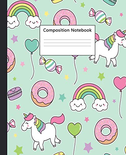 Product Cover Composition Notebook: Wide Ruled Paper Notebook Journal | Nifty Wide Blank Lined Workbook for Teens Kids Students Girls for Home School College for ... | Cute Turquoise Unicorn & Donut Pattern