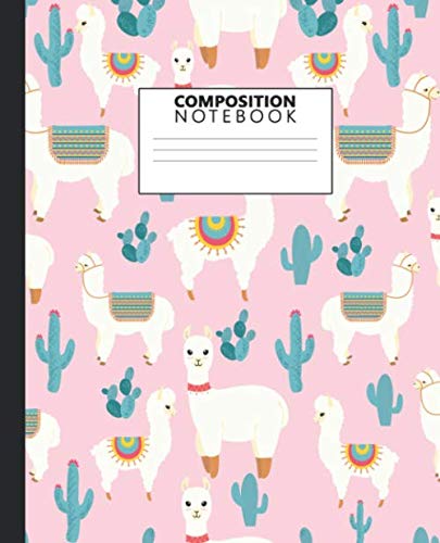 Product Cover Composition Notebook: Cute Wide Ruled Paper Notebook Journal. Adorable Pink Llama, Cactus & Succulents Wide Blank Lined Workbook for Teens Kids ... for Home School College for Writing Notes.