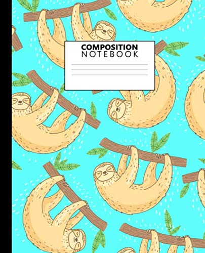 Product Cover Composition Notebook: Wide Ruled Paper Notebook Journal. Pretty Blue Wide Blank Lined Workbook for Teens Kids Students Girls for Home School College for Writing Notes - Trendy Jungle Sloth Print
