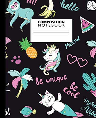 Product Cover Composition Notebook: Nifty Wide Ruled Paper Notebook Journal | Cute Tropical Cat & Unicorn Wide Blank Lined Workbook for Teens Kids Students Girls for Home School College for Writing Notes.