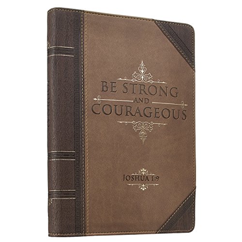 Product Cover Christian Art Gifts Brown Faux Leather Journal | Antiqued Strong and Courageous - Joshua 1:9 Bible Verse | Flexcover Inspirational Zippered Notebook w/Ribbon and Lined Pages, 6.5 x 8.75 Inches