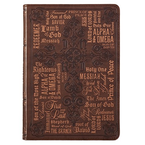 Product Cover Christian Art Gifts Brown Faux Leather Journal | Names Of Jesus John 1:14 Bible Verse | Flexcover Inspirational Notebook w/Ribbon Marker and Lined Pages, 6 x 8.5 Inches