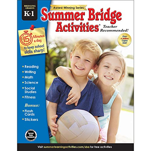 Product Cover Summer Bridge Activities - Grades K - 1, Workbook for Summer Learning Loss, Math, Reading, Writing and More with Flash Cards and Stickers