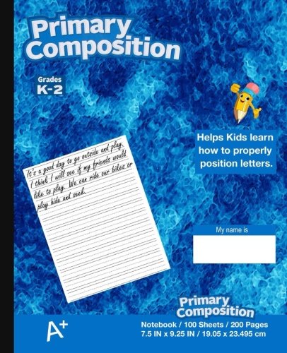 Product Cover Primary Composition Notebook: Kids school supplies, Blue Cover, Ruled, 100 Sheets 200 Pages,  Primary Journal K-2nd Grade, 7.5 in x 9.25 in, 19.05 x 23.495 cm,softcover notebook