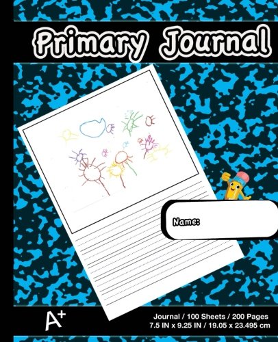 Product Cover Primary Journal: Modern Blue Marble,Composition Book, draw and write journal, Unruled Top, .5 Inch Ruled Bottom Half, 100 Sheets, 7.5 in x 9.25 in, 19.05 x 23.495 cm,Soft Durable Cover