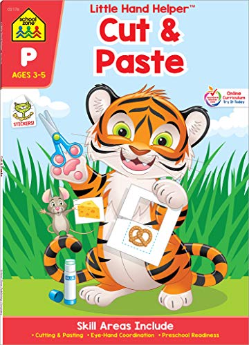 Product Cover School Zone - Cut & Paste Skills Workbook - Ages 3 to 5, Preschool to Kindergarten, Scissor Cutting, Gluing, Stickers, Story Order, Counting, and More (School Zone Little Hand HelperTM Book Series)