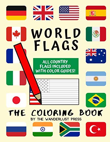 Product Cover World Flags: The Coloring Book: A great geography gift for kids and adults: Color in flags for all countries of the world with color guides to help. ... creativity, stress relief and general fun.