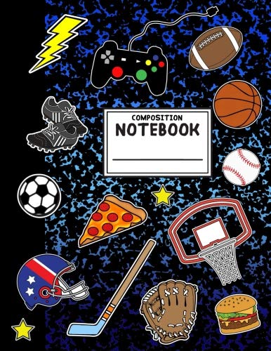 Product Cover Composition Notebook: Boys Sports Composition Notebook with Pizza Video Games Soccer Basketball for School