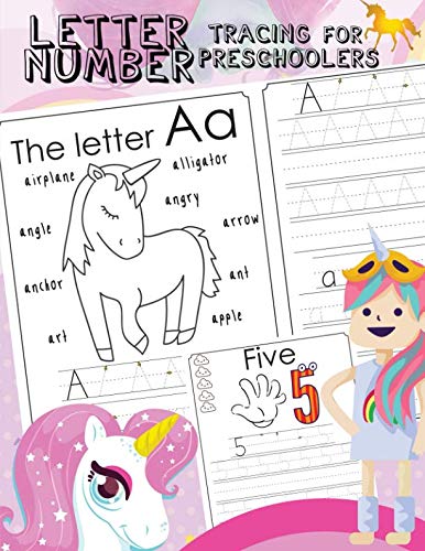 Product Cover Letter Number Tracing For Preschoolers: Alphabets handwriting practice with number 0-9 tracing practice and 27 cute Unicorn coloring illustrations step by step to learning For Girls  Ages 3-5
