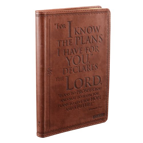 Product Cover Christian Art Gifts Brown Faux Leather Journal | I Know The Plans Jeremiah 29:11 Bible Verse | Flexcover Inspirational Notebook w/Ribbon Marker and Lined Pages, 6 x 8.5 Inches