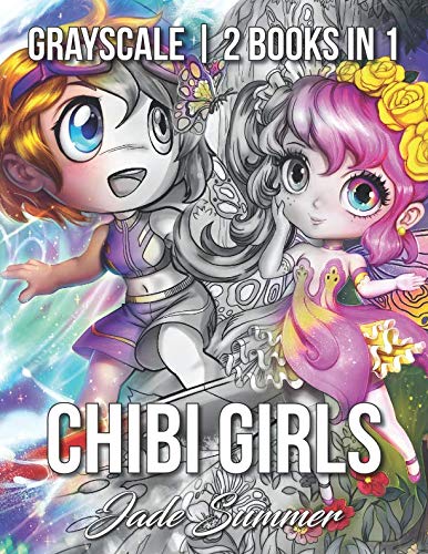 Product Cover Chibi Girls Grayscale: An Adult Coloring Book Collection with Adorable Kawaii Characters, Lovable Manga Animals, and Delightful Fantasy Scenes
