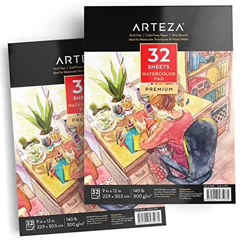 Product Cover ARTEZA Watercolor Paper 9x12 Inch, Pack of 2, 64 Sheets (140lb/300gsm), Cold Pressed Art Sketchbook Pad for Painting & Drawing, Wet, Mixed Media
