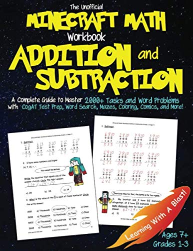Product Cover Minecraft Math Workbook Addition and Subtraction: Word Problems, CogAT® Test Prep, Arithmetic with Regrouping, Math Drills, Coloring, Word Search, Mazes, 1st Grade, 2nd Grade (Unofficial)