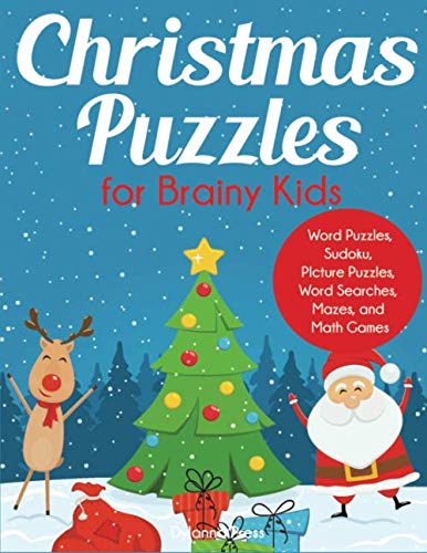Product Cover Christmas Puzzles for Brainy Kids: Ages 9-12, Word Puzzles, Sudoku, Picture Puzzles, Word Searches, Mazes, and Math Games