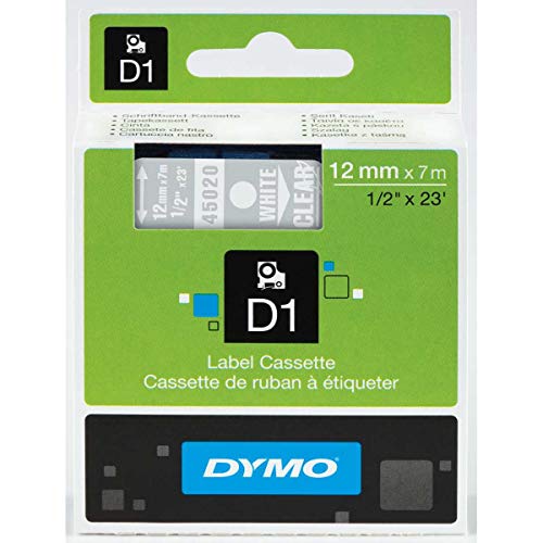 Product Cover DYMO Standard D1 Labeling Tape for LabelManager Label Makers, White print on Clear tape, 1/2'' W x 23' L, 1 cartridge (45020)
