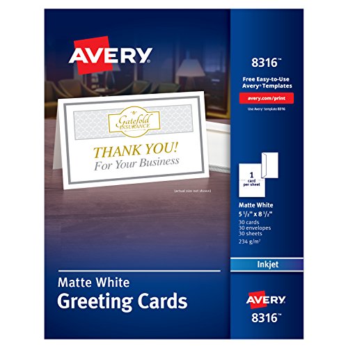 Product Cover Avery Half-Fold Greeting Cards, Inkjet, 5.5 x 8.5, Matte White, Box of 30, Envelopes Included (8316)