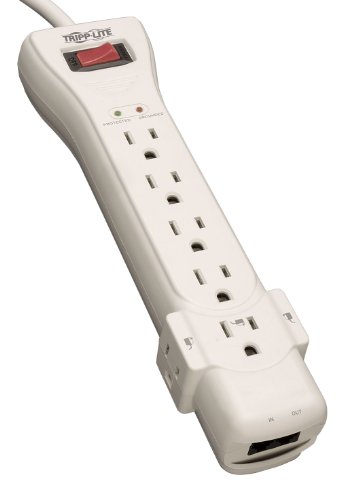 Product Cover Tripp Lite 7 Outlet Surge Protector Power Strip, 7ft, Right-Angle Plug, Fax/Modem Protection, RJ11, 75,000 Insurance (SUPER7TEL)