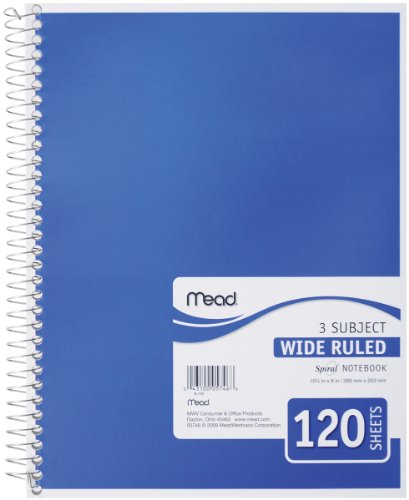 Product Cover Mead Spiral Notebook, 3 Subject, Wide Ruled Paper, 120 Sheets, 10-1/2 x 7-1/2 inches, Color Selected For You (05746)