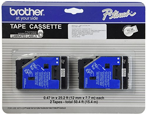 Product Cover Brother Tc-20 0.47-Inch x 25.2 Ft. - Black On White Tape for Pt-6 8 10 12 15 20 150 170 2-pack