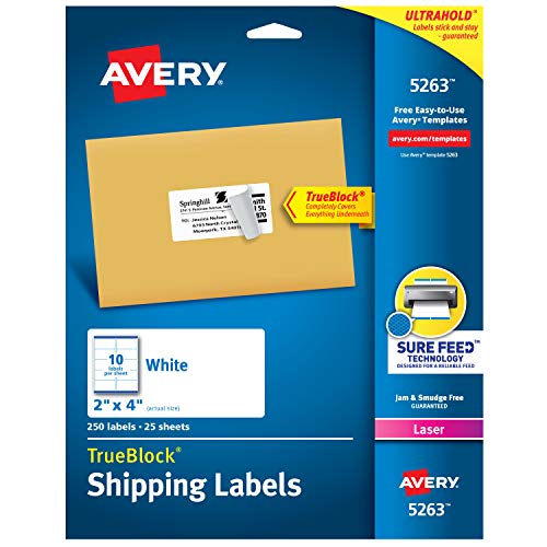Product Cover Avery Shipping Address Labels, Laser Printers, 250 Labels, 2x4 Labels, Permanent Adhesive, TrueBlock (5263)