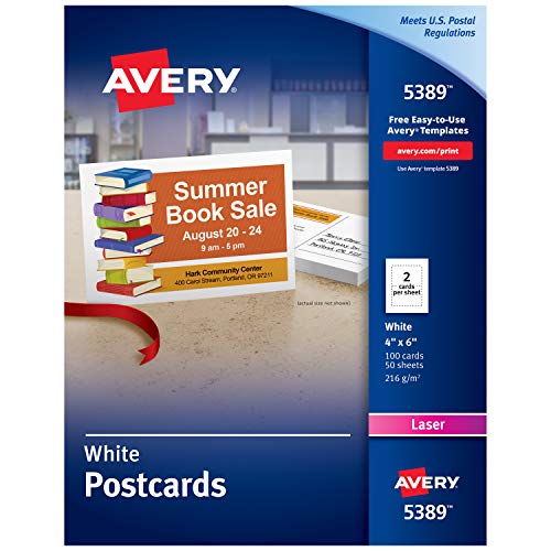 Product Cover Avery Printable Cards, Laser Printers, 100 Cards, 4 x 6, U.S. Post Card Size (5389)