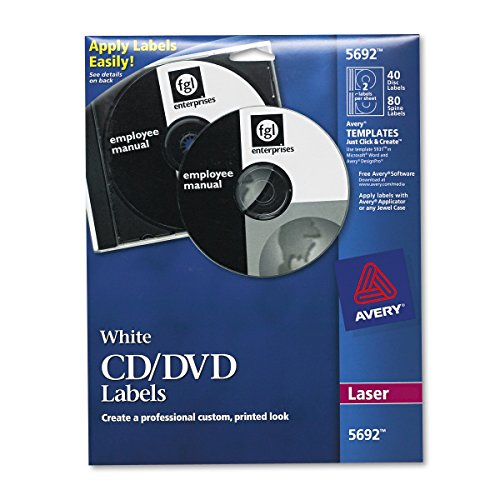 Product Cover Avery White CD Labels for Laser Printers, 40 Disc Labels and 80 Spine Labels (5692)