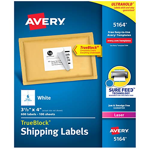 Product Cover Avery Shipping Address Labels, Laser Printers, 600 Labels, 3-1/3x4 Labels, Permanent Adhesive, TrueBlock (5164), White