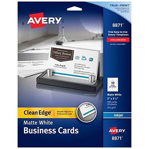 Product Cover Avery Printable Business Cards, Inkjet Printers, 200 Cards, 2 x 3.5, Clean Edge, Heavyweight (8871), White