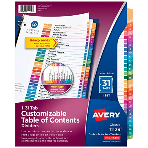 Product Cover Avery 31-Tab Dividers for a 3 Ring Binders, Customizable Table of Contents, Multicolor Tabs, 1 Set (11129)