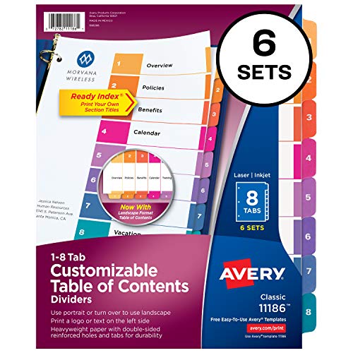 Product Cover Avery 8-Tab Dividers for 3 Ring Binders, Customizable Table of Contents, Multicolor Tabs, 6 Sets (11186)