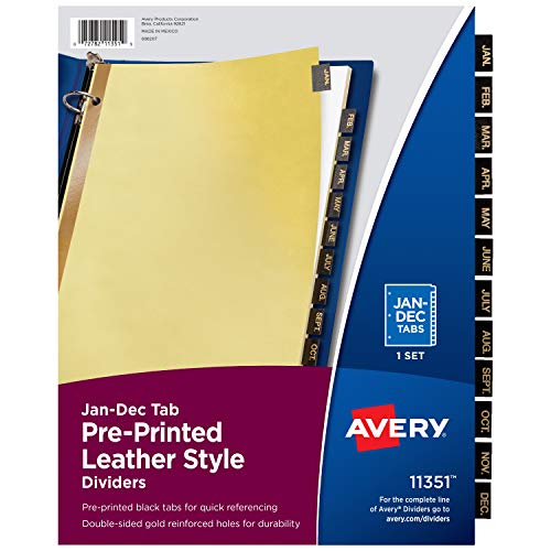 Product Cover Avery Jan-Dec Tab Binder Dividers, Pre-Printed Black Leather Style Tabs, 12-Tab, 1 Set (11351)