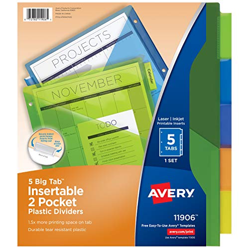 Product Cover Avery 5-Tab Plastic Binder Dividers with Pockets, Insertable Multicolor Big Tabs, 1 Set (11906)
