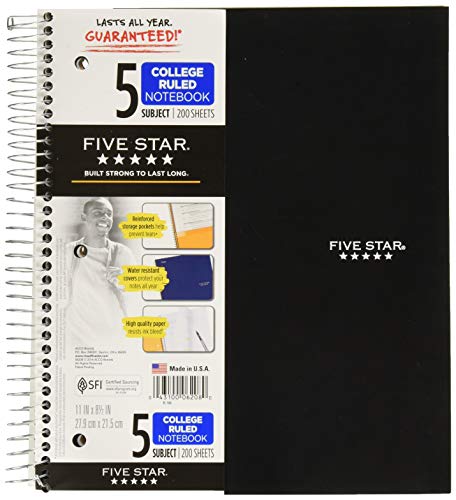 Product Cover Five Star Spiral Notebook, 5 Subject, College Ruled Paper, 200 Sheets, 11