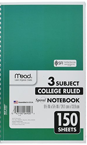Product Cover Mead Spiral Notebook, 3 Subject, College Ruled Paper, 150 Sheets, 9-1/2