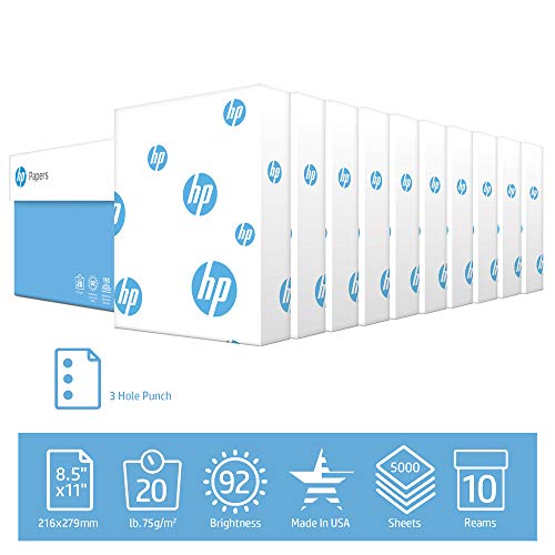 Product Cover HP Printer Paper, Office20 Paper, 8.5 x 11, 3 Hole Punch, Letter Size, 20lb, 92 Bright, 10 Ream Case / 5,000 Sheets  (113102C) Acid Free Paper