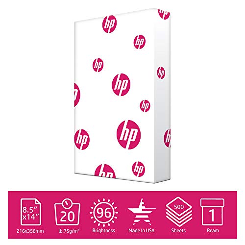 Product Cover HP Printer Paper MultiPurpose 20lb, 8.5x14 Paper, 1 Ream, 500 Sheets, Made in USA, Forest Stewardship Council Certified Resources, 96 Bright, Acid Free, Engineered for HP Compatibility, 001420