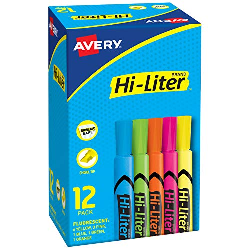 Product Cover Avery Hi-Liter, Smear Safe Ink, Assorted Colors, Bulk Pack of 12 Highlighters for School, Office & Home (98034)