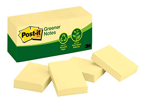 Product Cover Post-it® Notes, Original Pad, 1-3/8 inches x 1-7/8 inches, Recycled, Canary Yellow, 12 Pads per Pack
