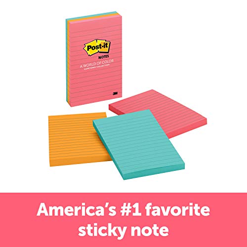 Product Cover Post-it Notes, America's #1 Favorite Sticky Note, 4 in x 6 in, Cape Town Collection, Lined, 3 Pads/Pack, 100 Sheets/Pad (660-3AN)