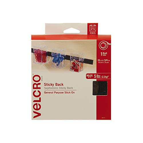 Product Cover VELCRO Brand - Sticky Back Hook and Loop Fasteners - Peel and Stick Permanent Adhesive Tape Keeps Classrooms, Home, and Offices Organized - Cut-to-Length Roll |  15ft x 3/4in Tape | Black