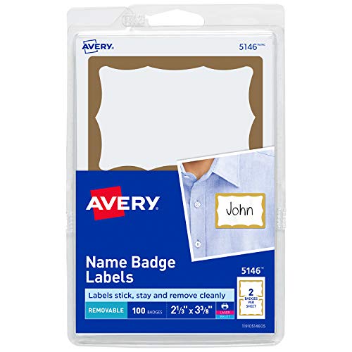Product Cover Avery Personalized Name Tags, Print or Write, Gold Border, 2-11/32