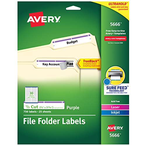 Product Cover Avery Purple File Folder Labels for Laser and Inkjet Printers with TrueBlock Technology, 2/3 inches x 3-7/16 inches, Pack of 750 (5666)