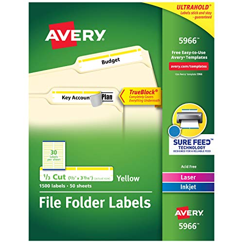 Product Cover Avery Yellow File Folder Labels for Laser and Inkjet Printers with TrueBlock Technology, 2/3 inches x 3-7/16 inches, Box of 1500 (5966)