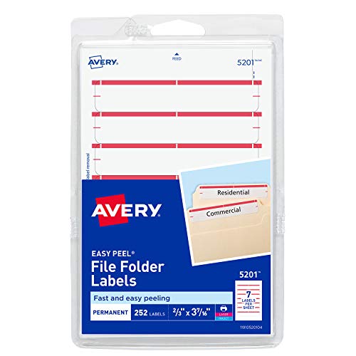 Product Cover Avery File Folder Labels for Laser and Inkjet Printers, 1/3 Cut, Red, Pack of 252 (5201)