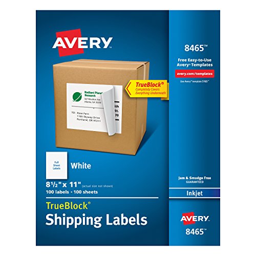 Product Cover Avery Shipping Address Labels, Inkjet Printers, 100 Labels, Full Sheet Labels, Permanent Adhesive, TrueBlock (8465), White